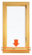 A-Series Casement window with arrow pointing to product ID label location.