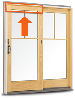 400 Series Frenchwood Gliding Patio Door with arrow pointing to product ID label location.
