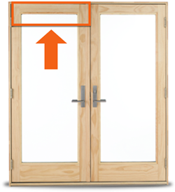 A-Series Hinged Patio Door with arrow pointing to product ID label location.